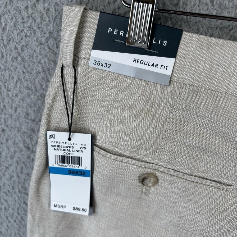 NEW Perry Ellis Linen‎ Blend Dress Pants Men 36x32 Tan Regular Fit Slacks